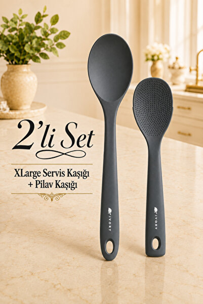 Sariva Home Ivory 2’li Set XL Servis Kaşığı ve Pilav Kaşığı Seti Yapışmaz Ten...