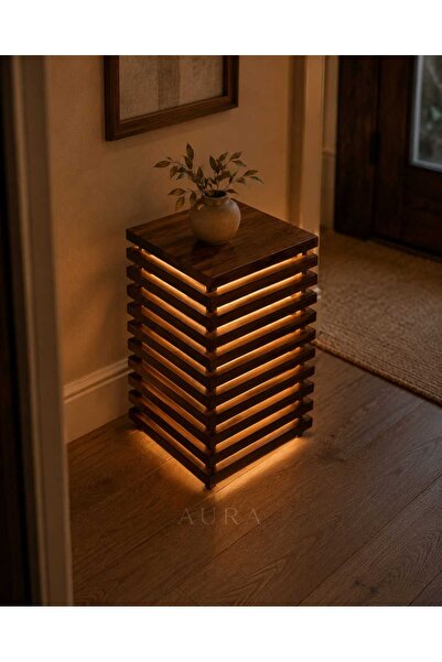 Handmade AURA El Yapımı Masif Ahşap Işıklı Komodin / Yan Sehpa