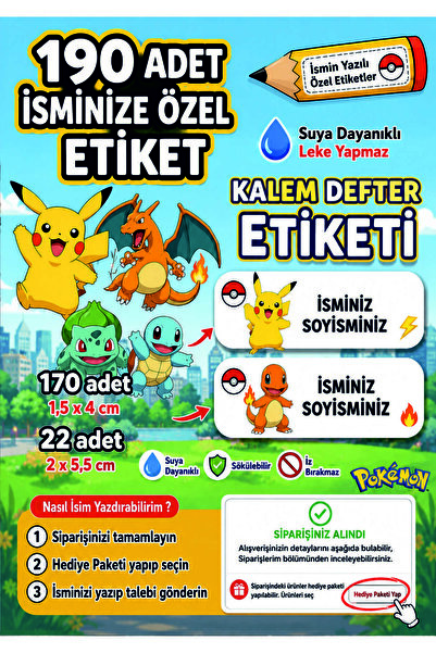 Joyygift Pokemon Pikachu Pikaçu Kalem Defter Kitap Etiketi İsim Etiketi Stick...