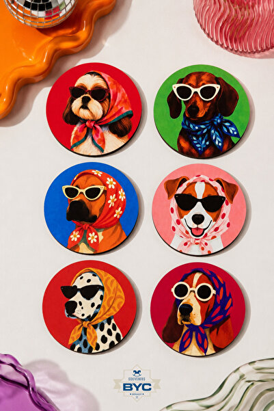 BYC TÜRKİYE Dog Patterned Coasters Set of 6 – Pop Art Design, 9 cm Mdf, Uv Di...
