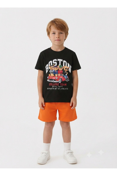 LİTTLE TORTOİSE Boys' Boston Printed Crew Neck T-Shirt and Shorts Set