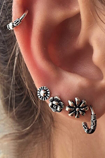 VeeShop Top Bottom Set of earrings and ear cuff with flowers and links