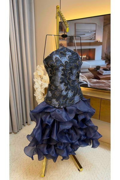 To Be Navy Blue Organza Bodice with Beaded Embroidery and Organza Skirt Eveni...