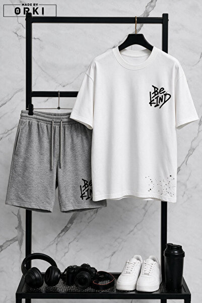 EFFRENATU Nazik Ol Printed Cotton Fabric Unisex T-Shirt-Grey Shorts Set