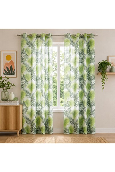 OEM Perdele cu inele, verzi, semitransparente, cu frunze tropicale, 140x260cm