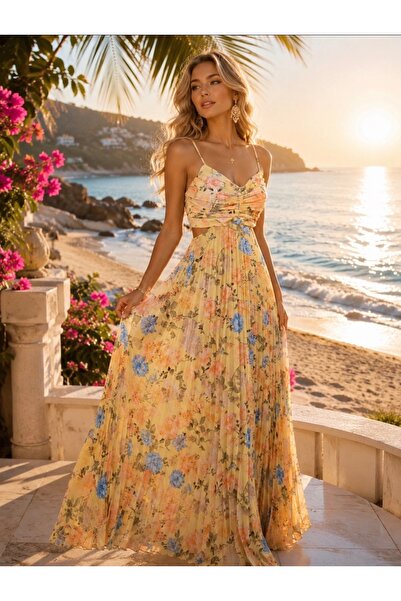 Divin store Μακρύ πλισέ ελαστικό σατέν φόρεμα με στάμπα