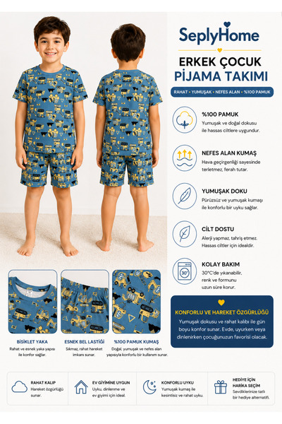 SeplyHome Erkek Çocuk %100 Pamuk İş Makinesi Desenli Kısa Kollu Şortlu Pijama...