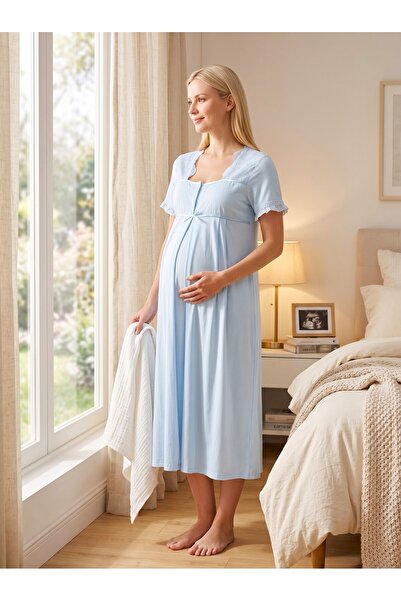 Lohusa Homewear New Season Blue Summer Nightgown with Breastfeeding Feature, ...