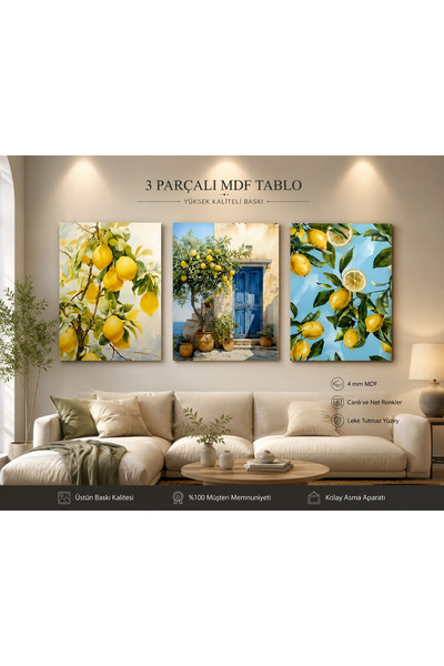 Lumcent Limon, Bitki ve Meyve Temalı 3 Parça MDF Duvar Tablosu – Modern Mutfa...