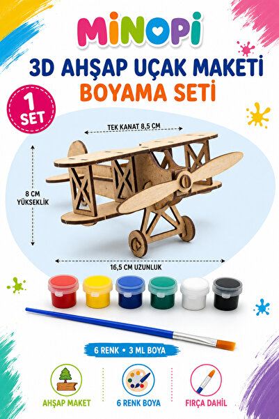 Minopi 3D Ahşap Uçak Maketi Boyama Etkinlik Aktivite Seti 6 Renk Boya ve Fırç...