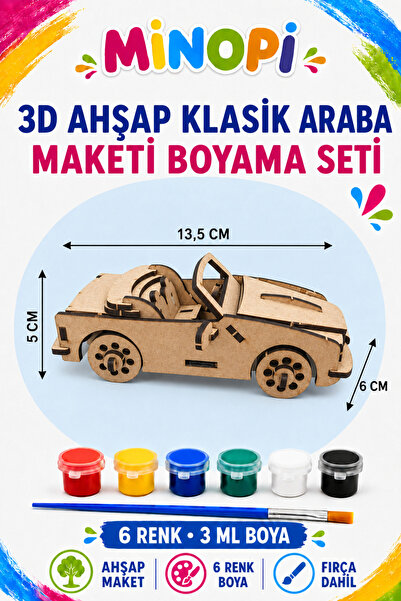 Minopi 3D Ahşap Araba Maketi Boyama Etkinlik Aktivite Seti 6 Renk Boya ve Fır...