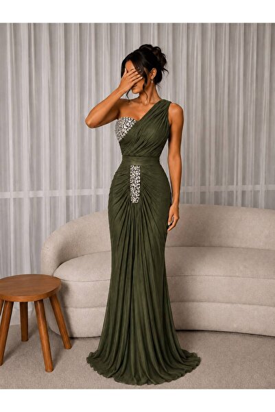 MILANORA Elegant Olive Green Dress with a Royal Touch