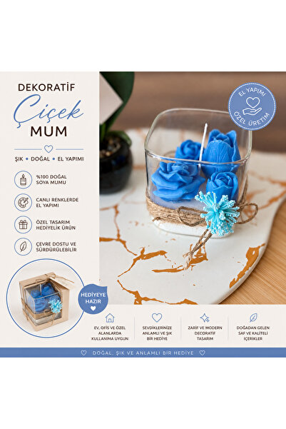 Dekoratif Çiçek Mum Lavanta Kokulu | %100 Doğal El Yapımı Soya Mum | Cam Bardakta Hediyelik Dekoratif Mum