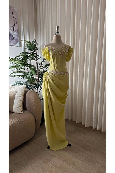 Dubai Lemon Yellow Evening Dress High-End Fashion Reflecting Elegance and Sop...