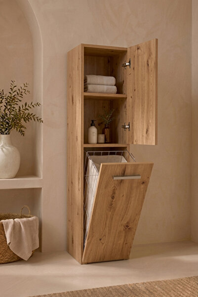 Dekorive Ahşap Çok Amaçlı Dolap Banyo Dolabı & Kirli Çamaşır Sepeti Dolabı