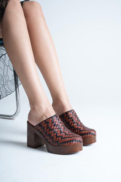 ANALİN SHOES Women's Genuine Leather Platform Heeled Braided Slippers