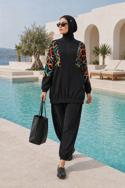 QUHOX Women's Colorful Pattern Detailed Zippered Hijab Swimsuit Set