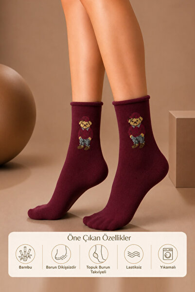 AYQAANDCO Unisex Bambu Ayıcık Desenli Bordo Soket Çorap