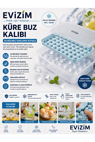 Evizim Küre Buz Yapma Kalıbı 56 Bölmeli Basmalı Kapaklı Buz Saklama Kutulu