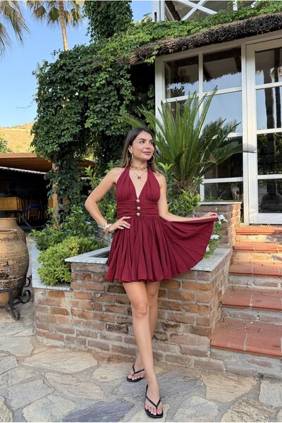 Gizem Ecemiş فستان رونس بوردو قصير برباط حول الرقبة