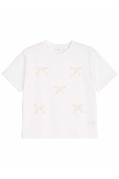 nk kids Nk Girl's Bow Appliqué Crew Neck Cotton T-Shirt 4-8 Years White - Salmon