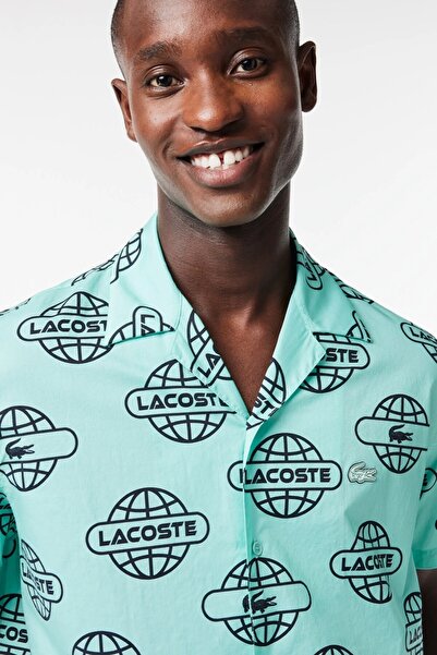 Lacoste Men's Relaxed Fit Green Shirt Loose Cut Patterned Men's Shirt Green