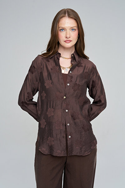 Orfeo Negro Women's Floral Patterned Classic Collar Brown Flowy Shirt