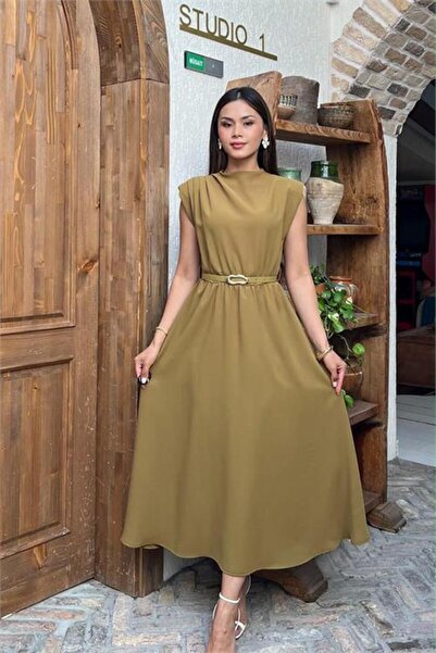 Neşeli Butik Γυναικείο πράσινο φόρεμα με επένδυση στους ώμους, μήκους midi, μ...