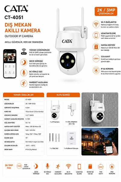 Cata CT-4051 Dış Mekan Akıllı IP Kamera 2K 3MP Wi-Fi Gece Görüşlü Hareket Sensörlü IP66 Güvenlik Kamerası
