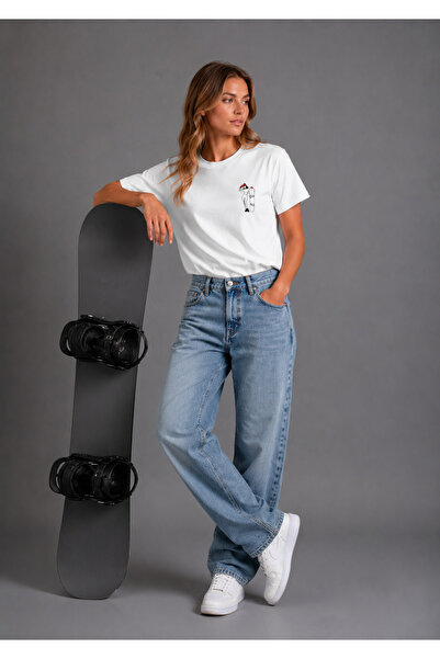 Kadın beyaz modal kumaş snowboard nakış işlemeli t-shirt snowboardcu tshirt