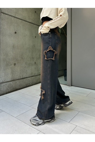harmony factory Büyük Beden Yıldız Yamalı Vintage Yıkamalı Wide Leg Kot Pantolon