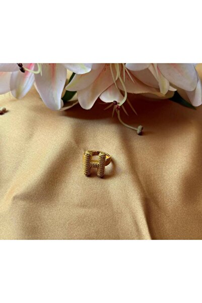 MonCheriAccessoire 14K Altın Kaplama Zirkon Taşlı Harfli Ayarlanabilir Yüzük