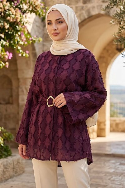 TOFİSA Tasseled Belted Tunic Claret Red - 28723-Bordo