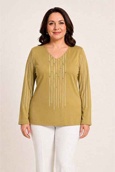 bihan store Women's V-Neck Front Stripe Beaded Combed Cotton Blouse Y26-705-S...