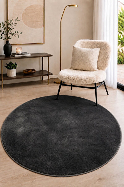 Lionhome Antrasit Yuvarlak Peluş Halı Yumuşak Kaymaz Taban Yıkanabilir Salon ...