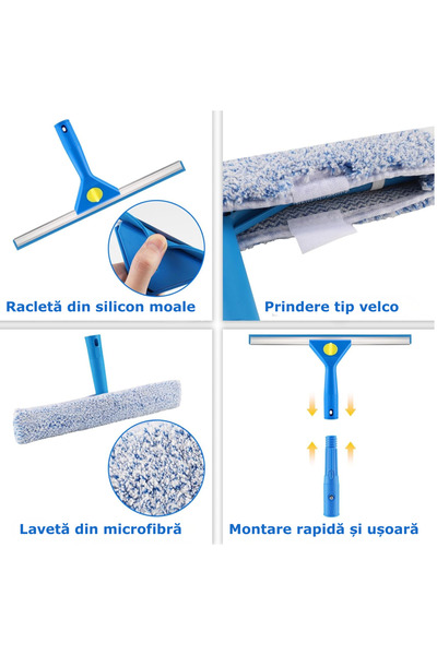 Simply Joy Set profesional pentru curățarea geamurilor Simply Joy, racletă 2-în-1 pentru geamuri, mâner telescopic de 2,1 m, reglabil, racletă pentru geamuri, lavetă din microfibră, curățare fără urme.