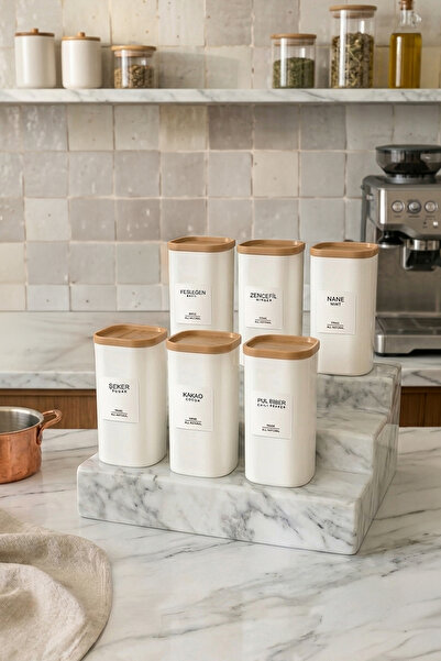 NESS HOME 6'li Ahşap Görünümlü Etiketli Sızdırmaz Kapaklı Baharatlık Seti 350 ml