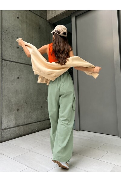 harmony factory Wide Leg Yüksek Bel Kumaş Kargo Cepli Pantolon