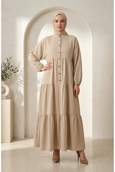 sefamerve Half Button Layered Hijab Dress 2293-02 Beige