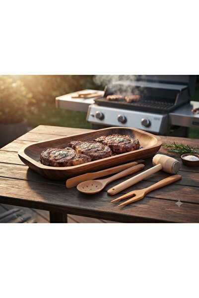 LimArt Set BBQ din Lemn Artizane, 5 Accesorii Gratar si Tava de Servire 46x22...