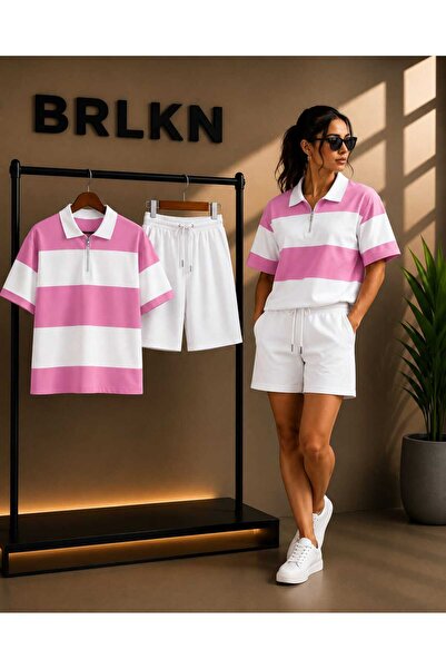 BRLKN Striped Polo Neck T-Shirt - Shorts Set