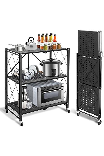 jaffiust 3-Tier Foldable Kitchen Storage Shelves with Wheels, Durable Storage...