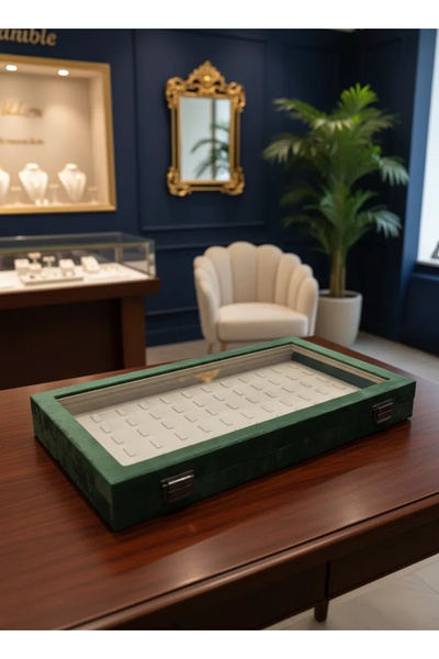MeGass Dekor New Glass Covered Suede Green Fabric 45 cm / 25 cm Nail Ring Tray