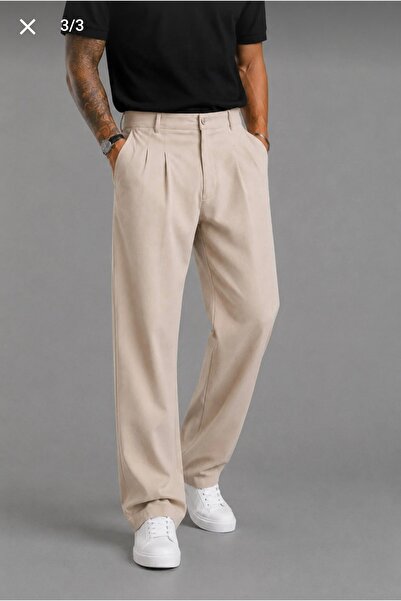 zahider Men's Baggy Fit Stretchy Draped Pleated Detailed Beige Pants