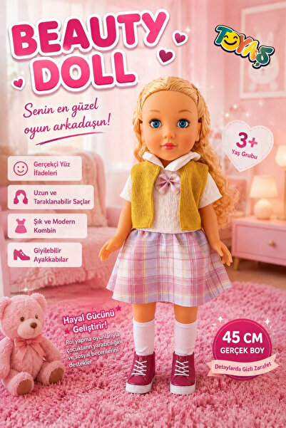 Toyaş Beauty Doll 45 cm Gerçekçi Et Bebek Uzun Saçlı Hareketli Kollu ve Bacak...
