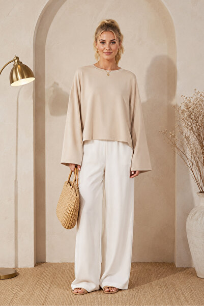 dolabımdakalsın Kadın bej oversize düşük omuz bisiklet yaka basic bluz TG006