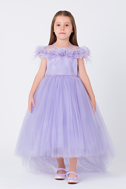 Pamina Girl's Evening Dress Feathered Three-Dimensional Floral Long Back Tull...