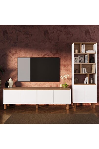Bimossa G4210 Terra Sepet-Beyaz Kitaplıklı TV Ünitesi Seti, 180 cm TV Sehpası...