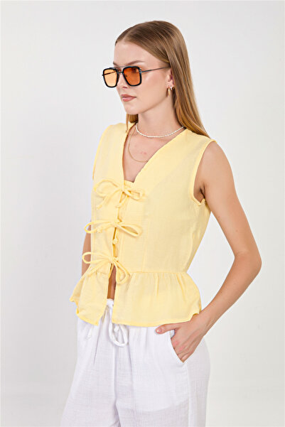 BARRELS AND OIL Women's Tie-Up Ruffle Vest - Yellow
