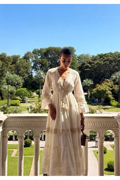 Miss Imported 100% Cotton Long Dress with Embroidered Lace Detail
